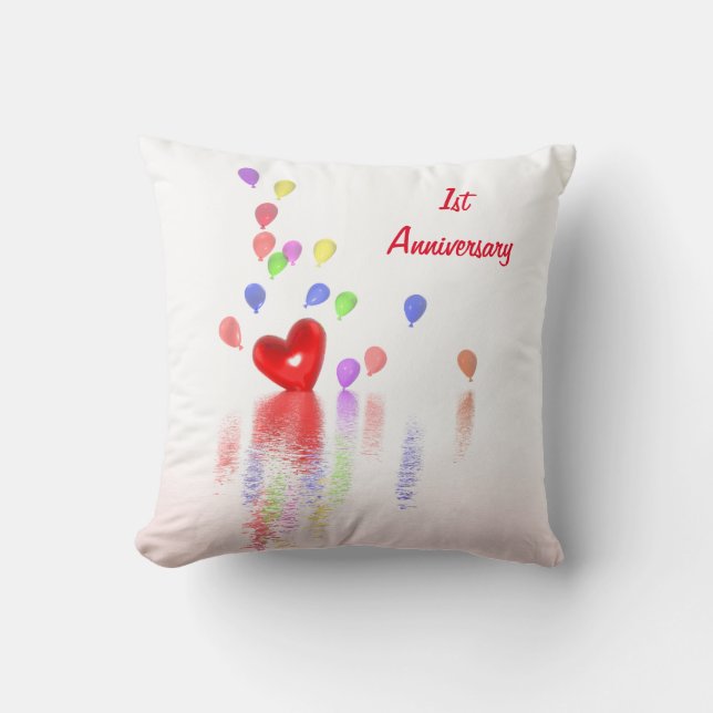1st Anniversary Red Heart and Balloons Throw Pillow (Front)