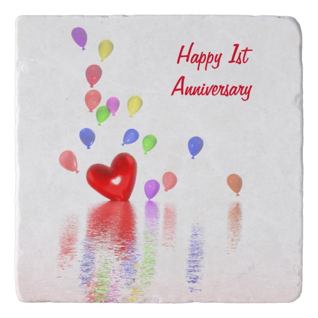 1st Anniversary Red Heart and Balloons Trivet (Front)