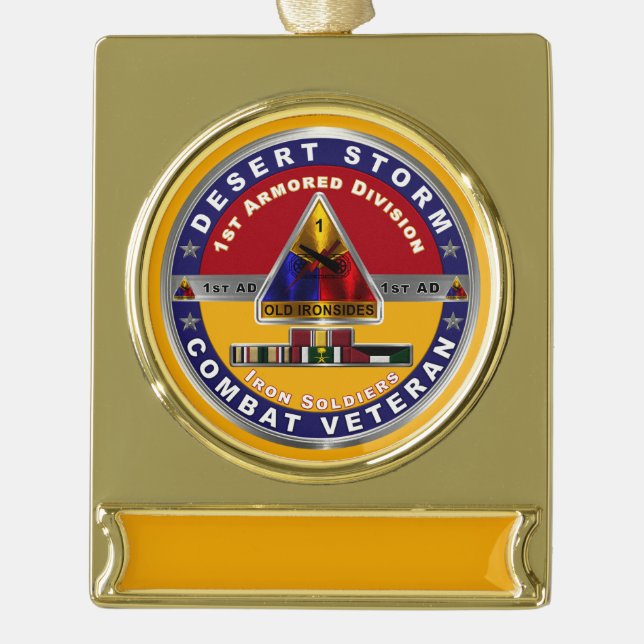 1st Armored Division Desert Storm Veteran  Gold Plated Banner Ornament (Front)