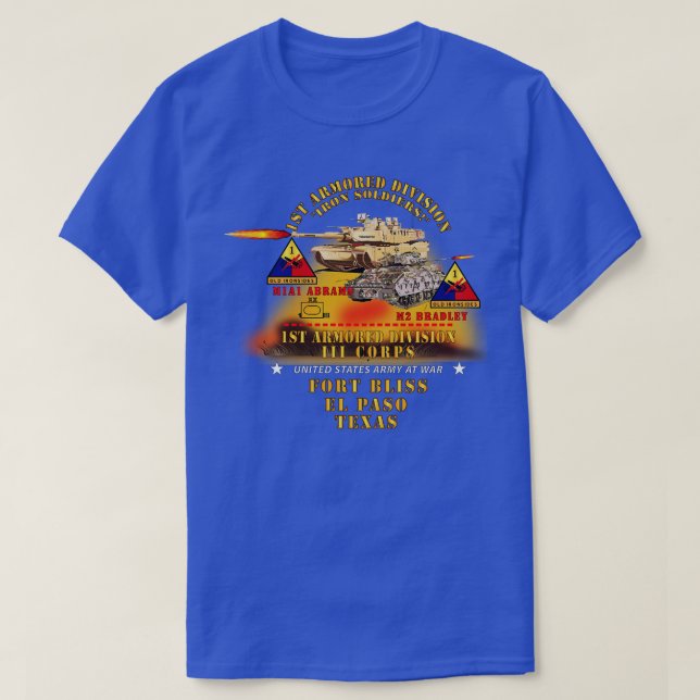 1st Armored Division Ft Bliss TX M1 M2 w Fire X T-Shirt (Design Front)