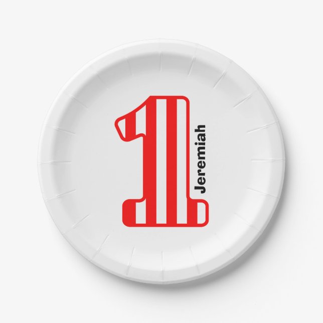 1st BABY Birthday Red Striped Big Number A21 Paper Plates (Front)