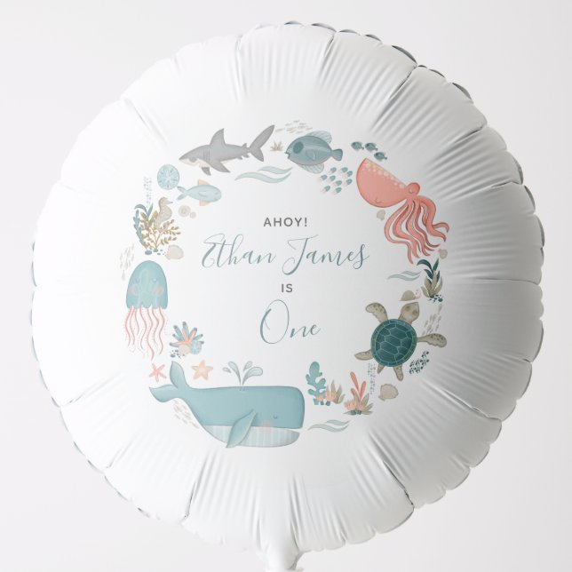1st Baby Boy Cute Blue Watercolor Under the Sea Balloon (Front)