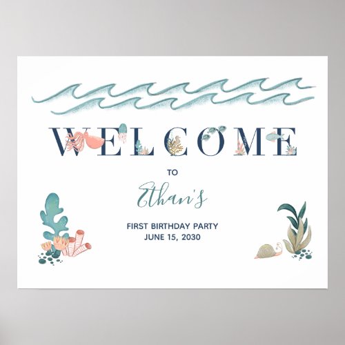 1st Baby Boy Cute Blue Watercolor Under the Sea Poster