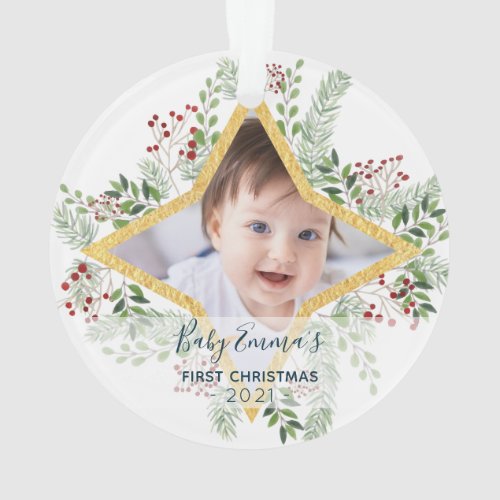 1st Baby Chrismas Gold and Floral Navy text Ornament