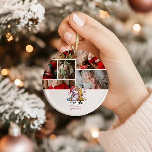 1st Baby Christmas  Photo  Pink Gold Unicorn Ornament