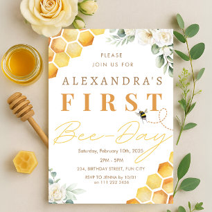 1st Bee Day Bee Birthday Girl Floral Invitation
