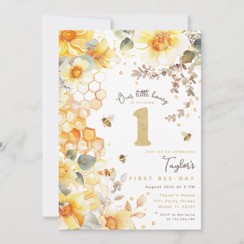 1st Bee Day Bumble Bee Girls Birthday Honey Floral Invitation
