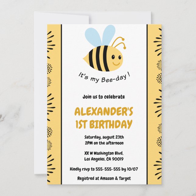 1st bee day invitations Cute Modern  (Front)