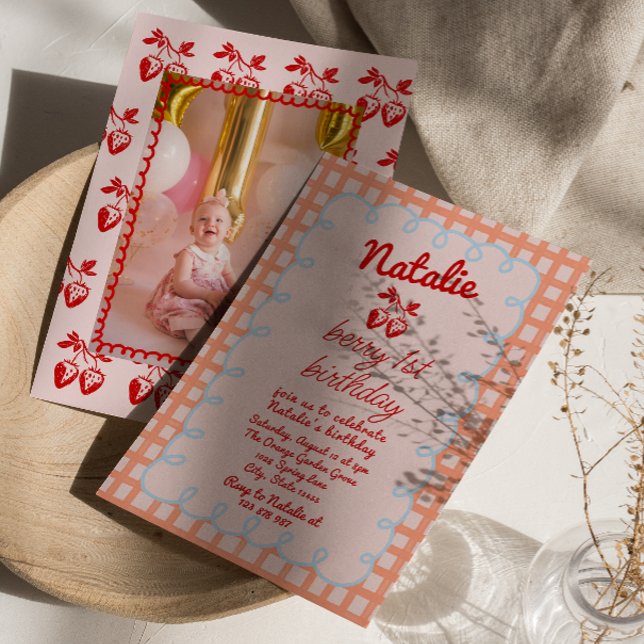 1st Berry Hand Drawn Strawberry Photo Birthday Invitation (Creator Uploaded)