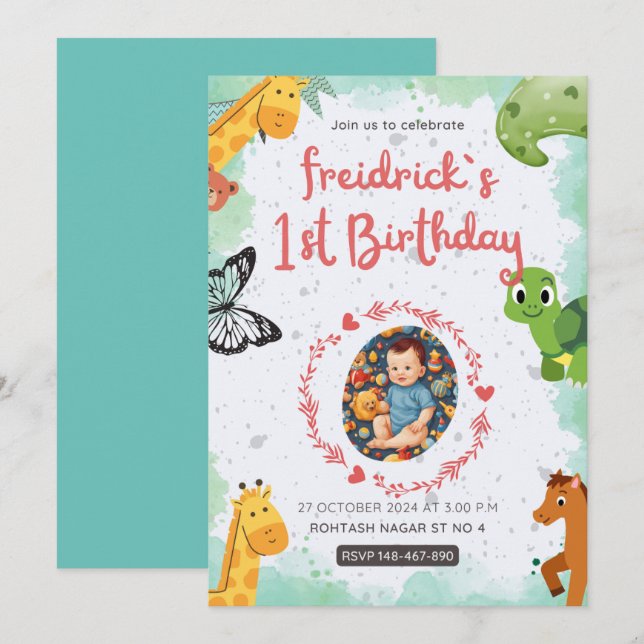  1st birth blue  green blue water colour invitation (Front/Back)