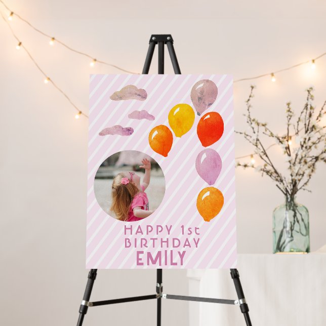1st Birthday 1 Balloon Girl Name and Photo  Foam Board (In Situ (Stand))