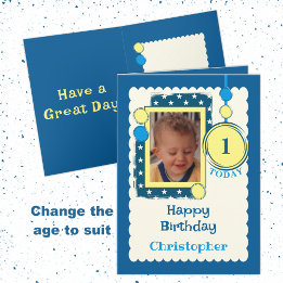 1st Birthday 1 today add photo name blue yellow Card