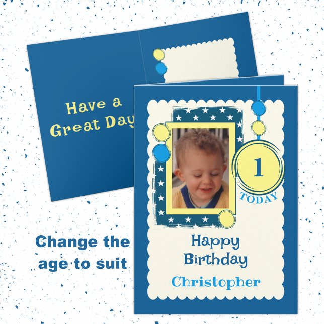 1st Birthday 1 today add photo name blue yellow Card (Creator Uploaded)