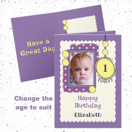 1st Birthday 1 today add photo name purple yellow Card