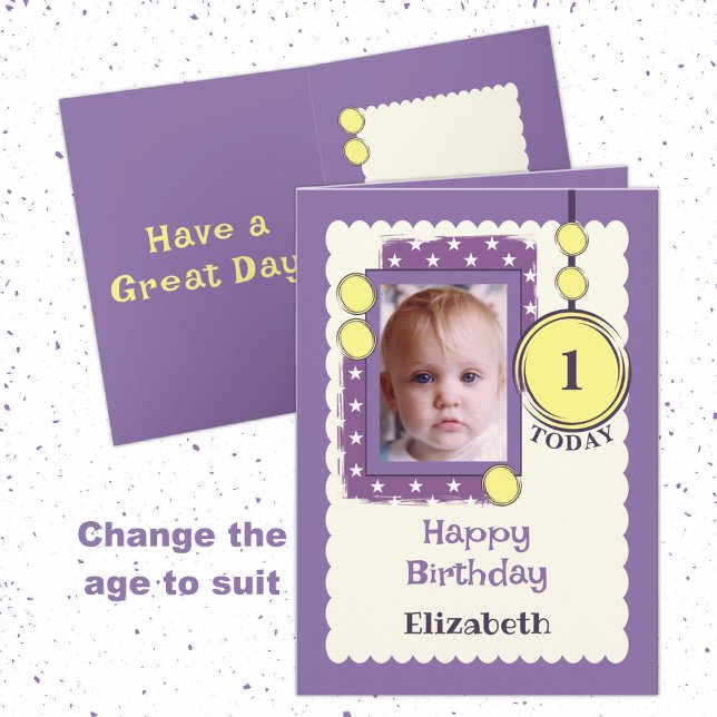1st Birthday 1 today add photo name purple yellow Card (Creator Uploaded)