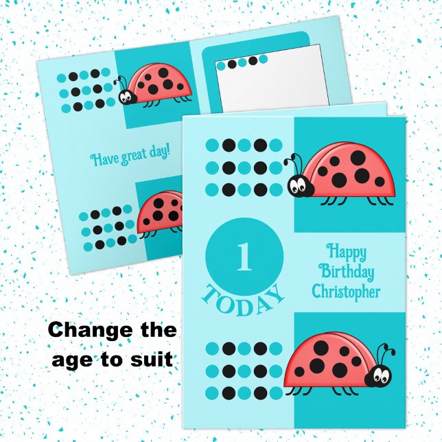 1st Birthday 1 today ladybugs turquoise Card (Creator Uploaded)