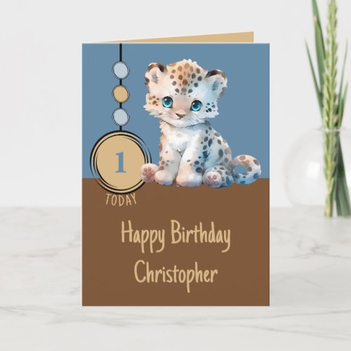 1st birthday 1 today name cute leopard blue card