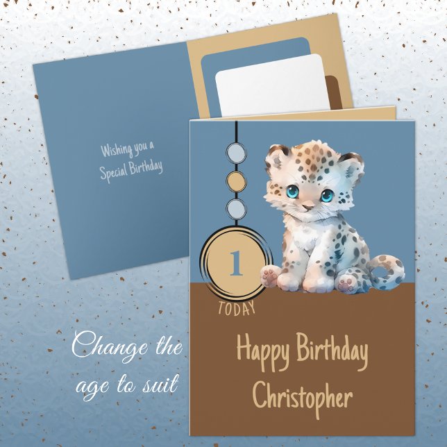 1st birthday 1 today name cute leopard blue card (Creator Uploaded)