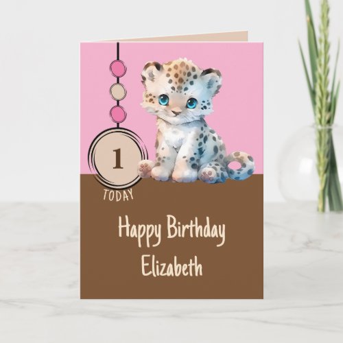 1st birthday 1 today name cute leopard pink card