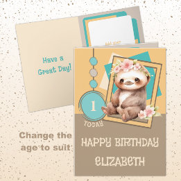 1st birthday 1 today name cute sloth brown orange card