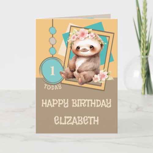 1st birthday 1 today name cute sloth brown orange card