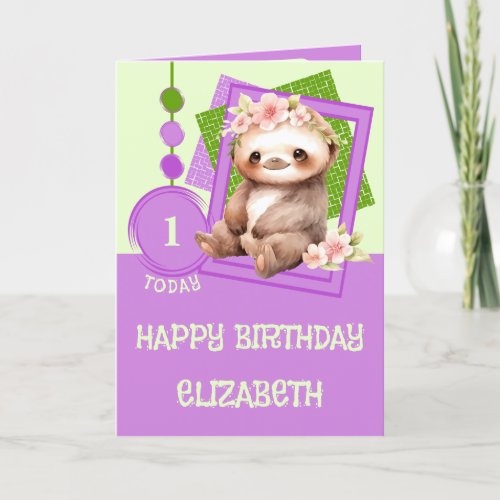 1st birthday 1 today name cute sloth green purple card