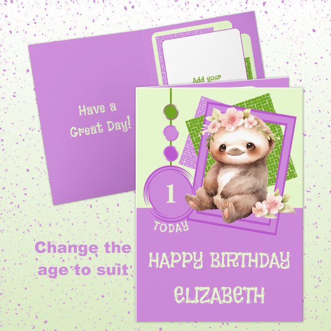 1st birthday 1 today name cute sloth green purple card (Creator Uploaded)