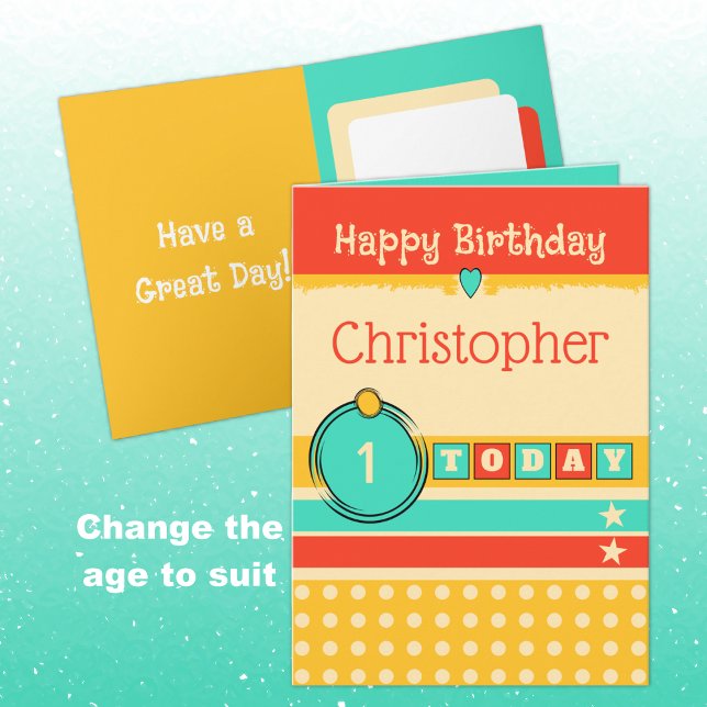 1st birthday 1 today orange green add name card (Creator Uploaded)