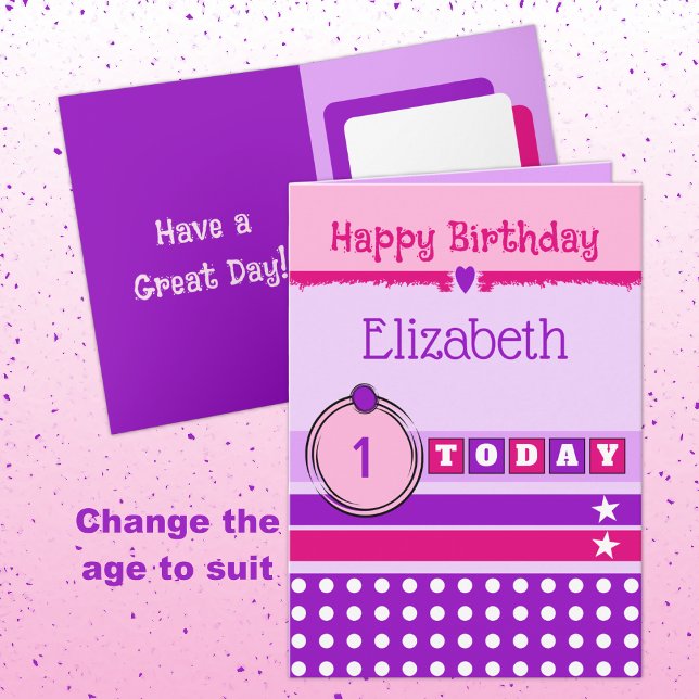 1st birthday 1 today purple pink add name card (Creator Uploaded)