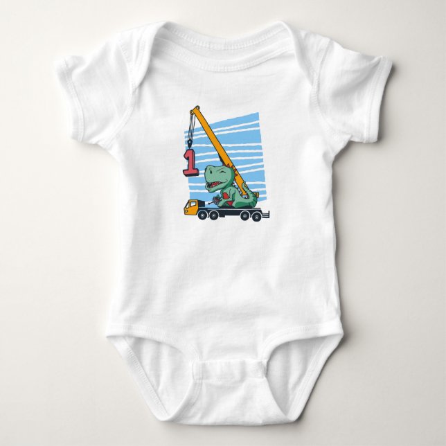 1st Birthday 1 year Mobile Crane Dinosaur Baby Bodysuit (Front)