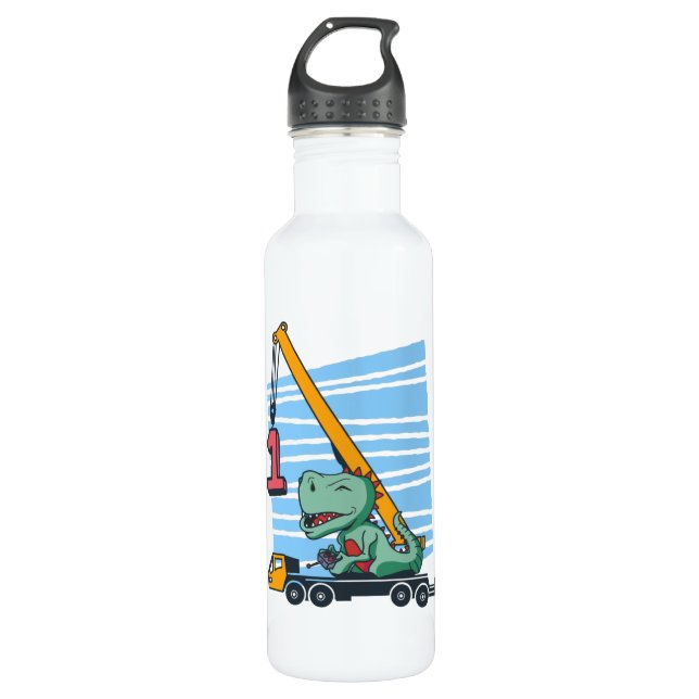1st Birthday 1 year Mobile Crane Dinosaur Stainless Steel Water Bottle (Front)