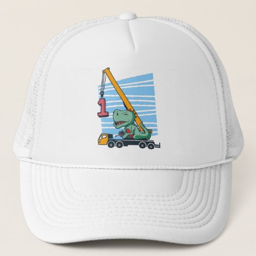 1st Birthday 1 year Mobile Crane Dinosaur Trucker Hat