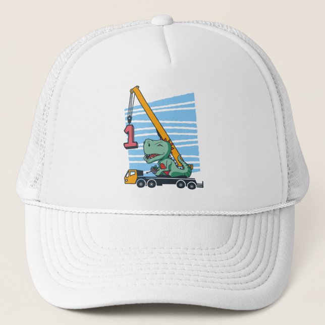 1st Birthday 1 year Mobile Crane Dinosaur Trucker Hat (Front)