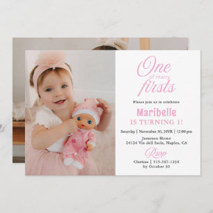 1st Birthday 2 Photo Cute Girl One of Many Firsts Invitation