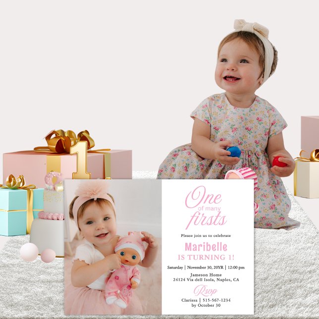 1st Birthday 2 Photo Cute Girl One of Many Firsts Invitation (Cute One of Many Firsts Custom Pink Girl Birthday Invitation)