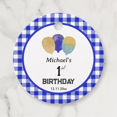 1st Birthday 3 Glitter Balloons & Blue Gingham Favor Tags