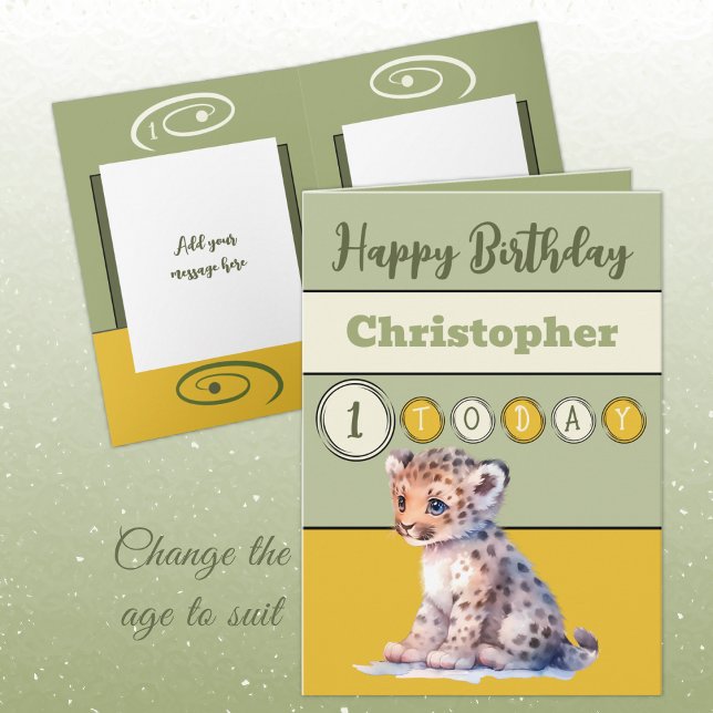 1st birthday add name boy cute animal green card (Creator Uploaded)