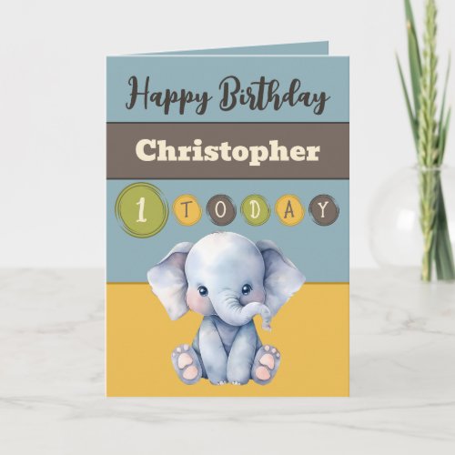 1st birthday add name boy cute elephant blue card