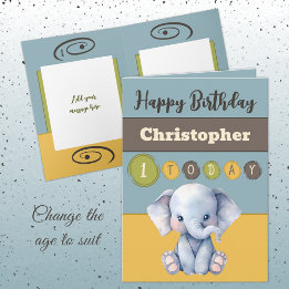 1st birthday add name boy cute elephant blue card