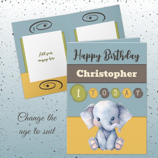 1st birthday add name boy cute elephant blue card (Creator Uploaded)