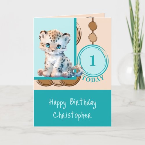 1st Birthday add name cute leopard pink brown Card