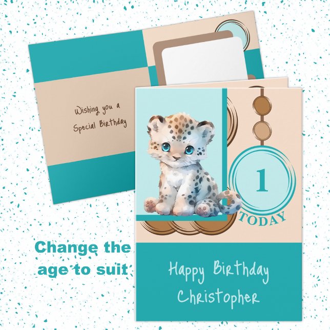 1st Birthday add name cute leopard pink brown Card (Creator Uploaded)