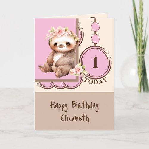 1st Birthday add name cute sloth pink brown Card