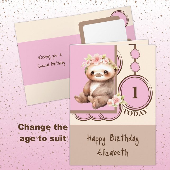 1st Birthday add name cute sloth pink brown Card (Creator Uploaded)