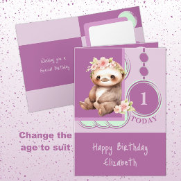 1st Birthday add name cute sloth purple green Card