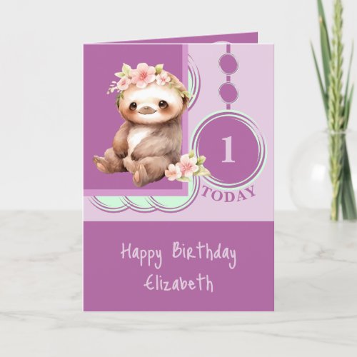 1st Birthday add name cute sloth purple green Card