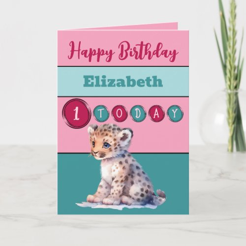 1st birthday add name girl cute animal pink card