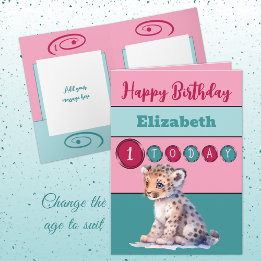 1st birthday add name girl cute animal pink card
