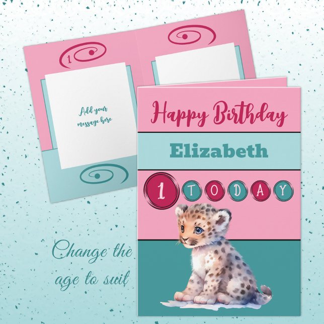 1st birthday add name girl cute animal pink card (Creator Uploaded)