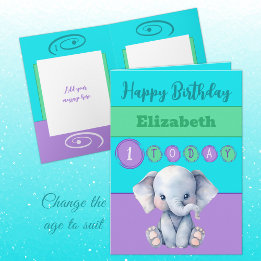 1st birthday add name girl cute elephant purple card
